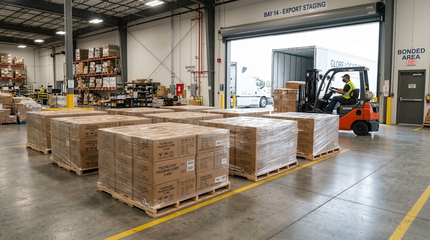 Bonded warehouse export staging bay with master pallets