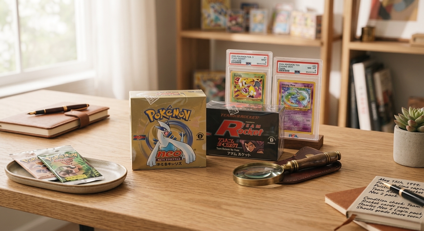 Vintage Japanese sealed Pokemon booster boxes with graded cards