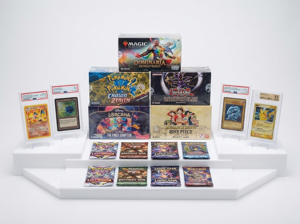 Pristine booster boxes and graded collectible trading cards on white podium